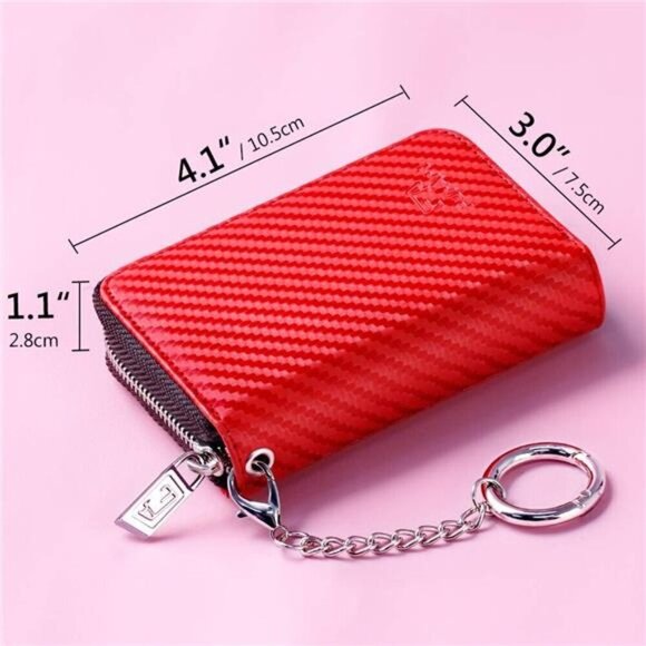 Zipper Card Cases Holder for Women, Carbon Fiber Red - Picture 6 of 7